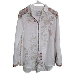 Johnny Was Top Women XS White Chai  Soft Festival Boho Floral Holiday Bohemian